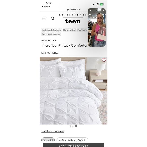 Pottery Barn Teen Microfiber Pintuck Std White - Picture 5 of 6